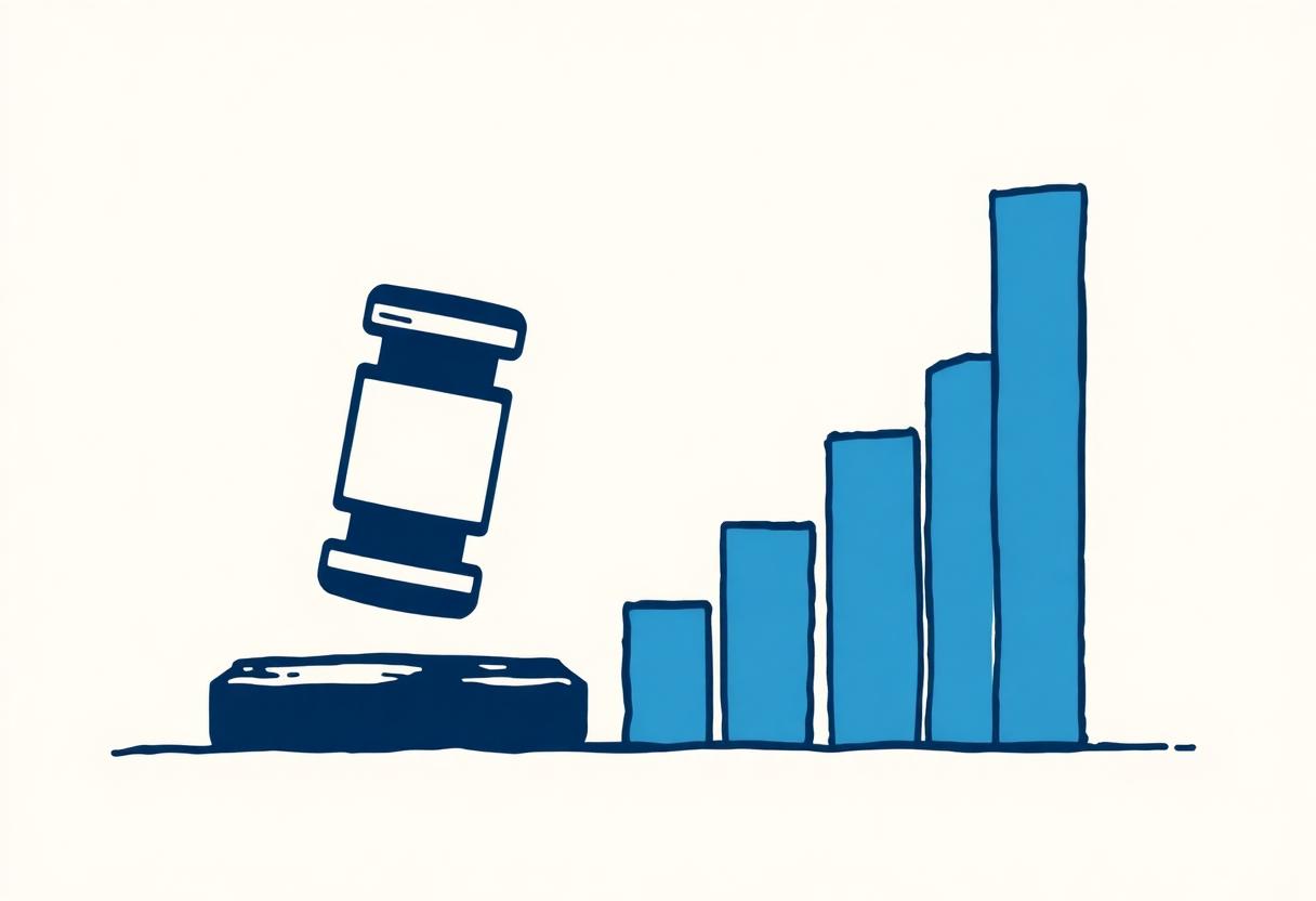 Illustration of an auction gavel beside a rising bar chart.
