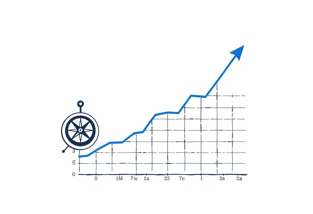 Illustration of a compass beside an upward-trending line chart.